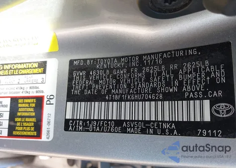 2017 Toyota Camry Le из США, поврежденный, VIN 4T1BF1FK6HU704628